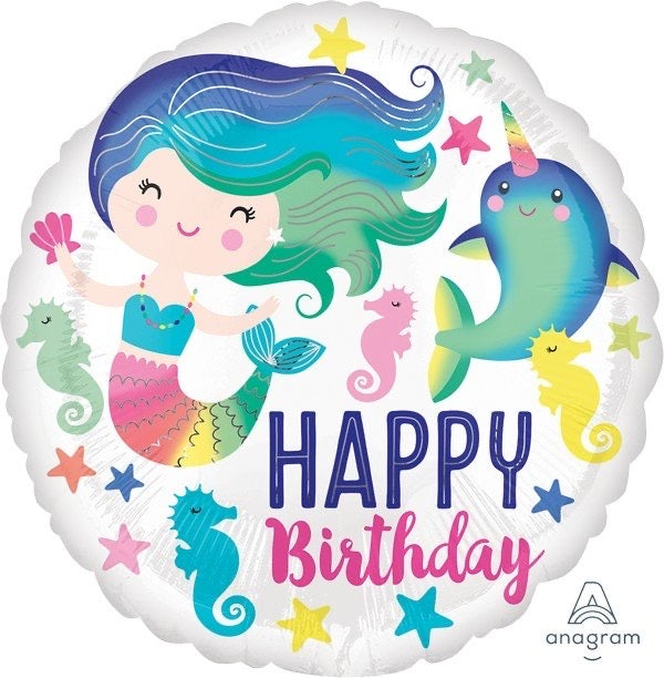 COLOURFUL OCEAN FUN MERMAID HAPPY BIRTHDAY FOIL BALLOON - 45CM