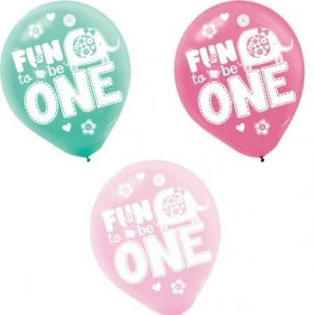 1ST BIRTHDAY FUN TO BE ONE HELIUM QUALITY BALLOONS 30.4CM - LIGHT PINK PINK GREEN - PACK OF 15