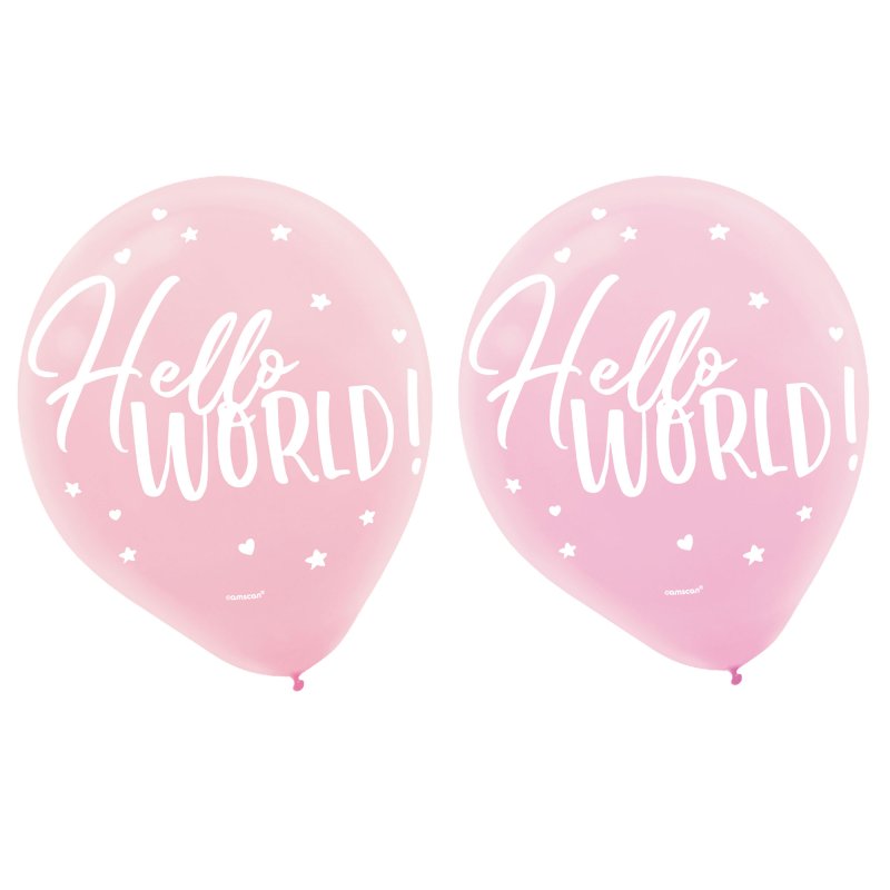 BABY SHOWER HELLO WORLD GIRL BALLOONS 30.4CM - PACK OF 15