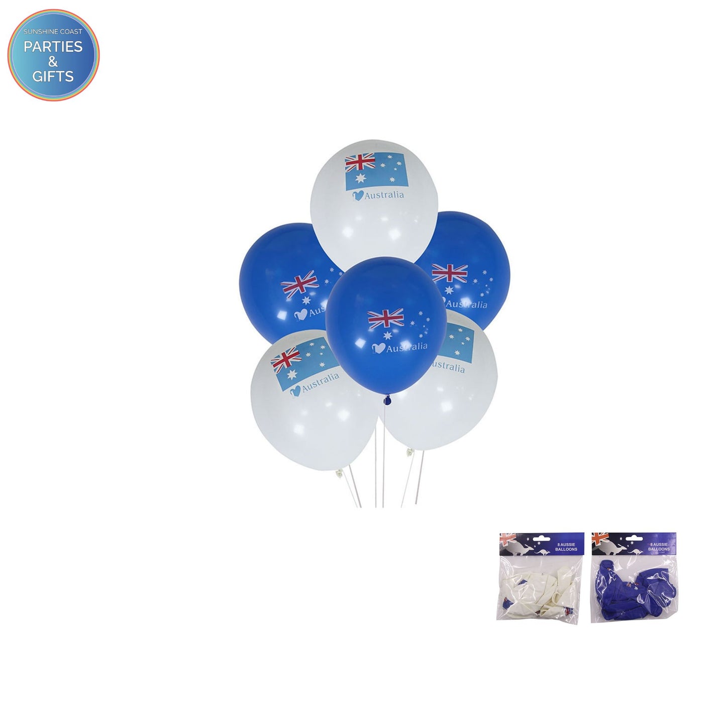 AUSTRALIAN AUSSIE LATEX BALLOONS BLUE OR WHITE - PACK OF 8