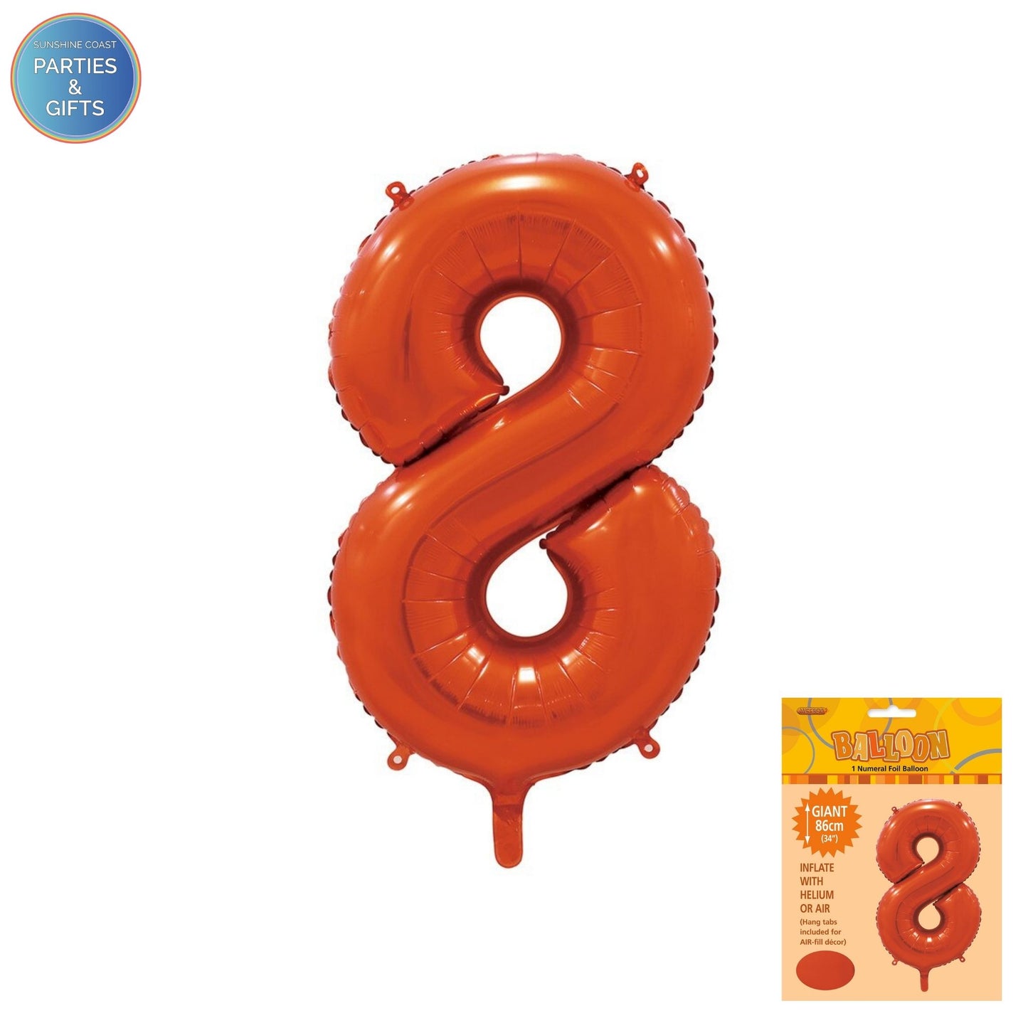 GIANT FOIL BALLOON - ORANGE NUMBER 8 - 86CM