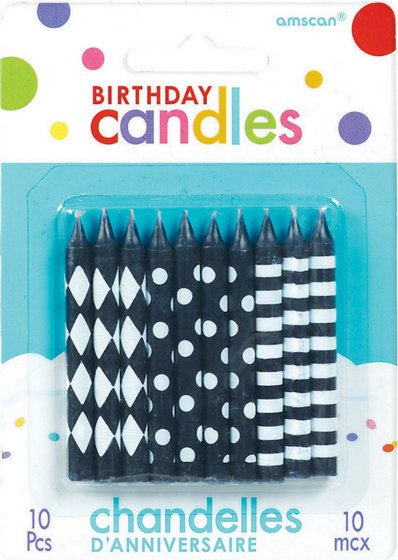 BLACK AND WHITE BIRTHDAY CANDLES - 10 PACK