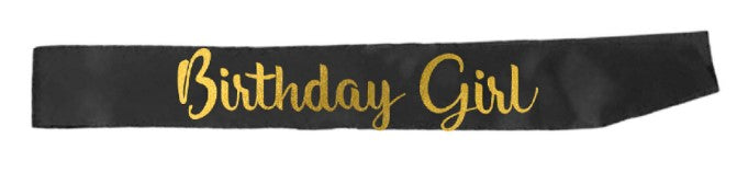 BIRTHDAY GIRL PARTY SASH - BLACK WITH GOLD WRITING