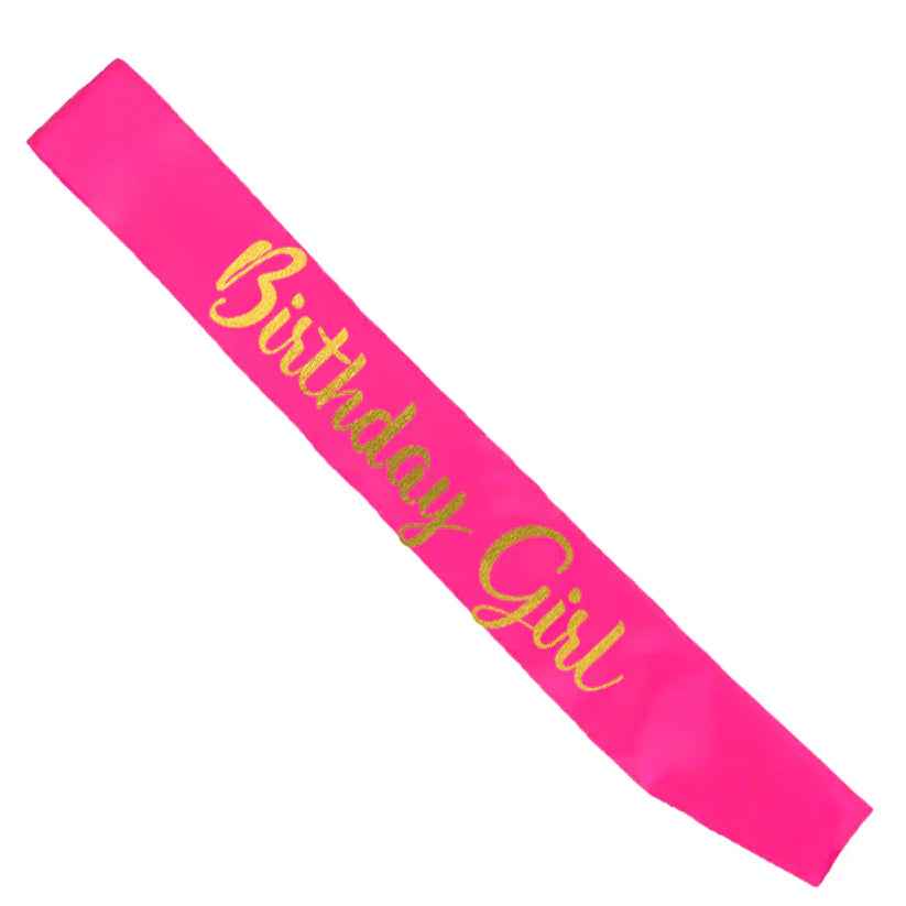 BIRTHDAY GIRL PARTY SASH - HOT PINK WITH GOLD WRITING