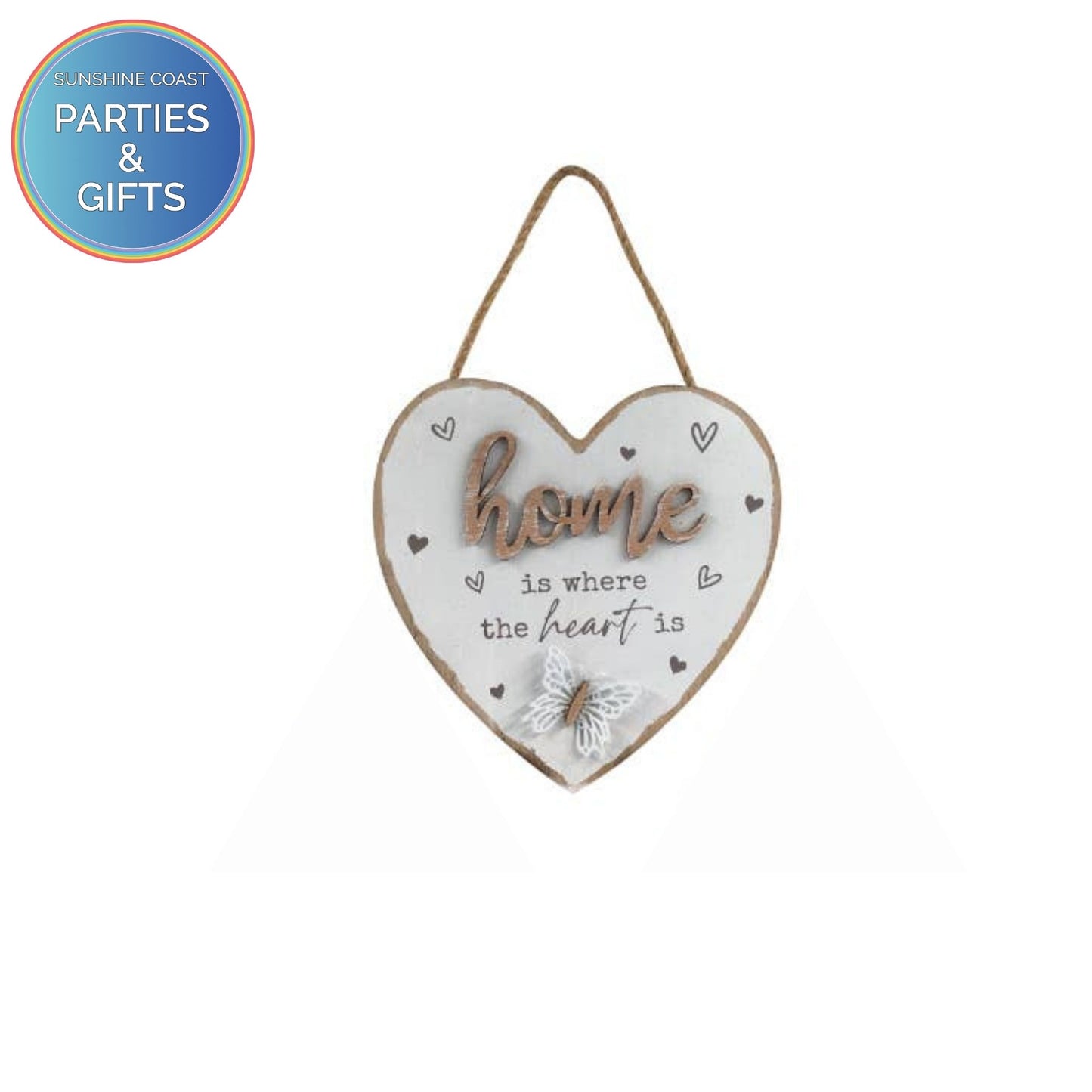 HANGING HEART SHAPED MDF PLAQUE HOME & BUTTERFLY - 15CM
