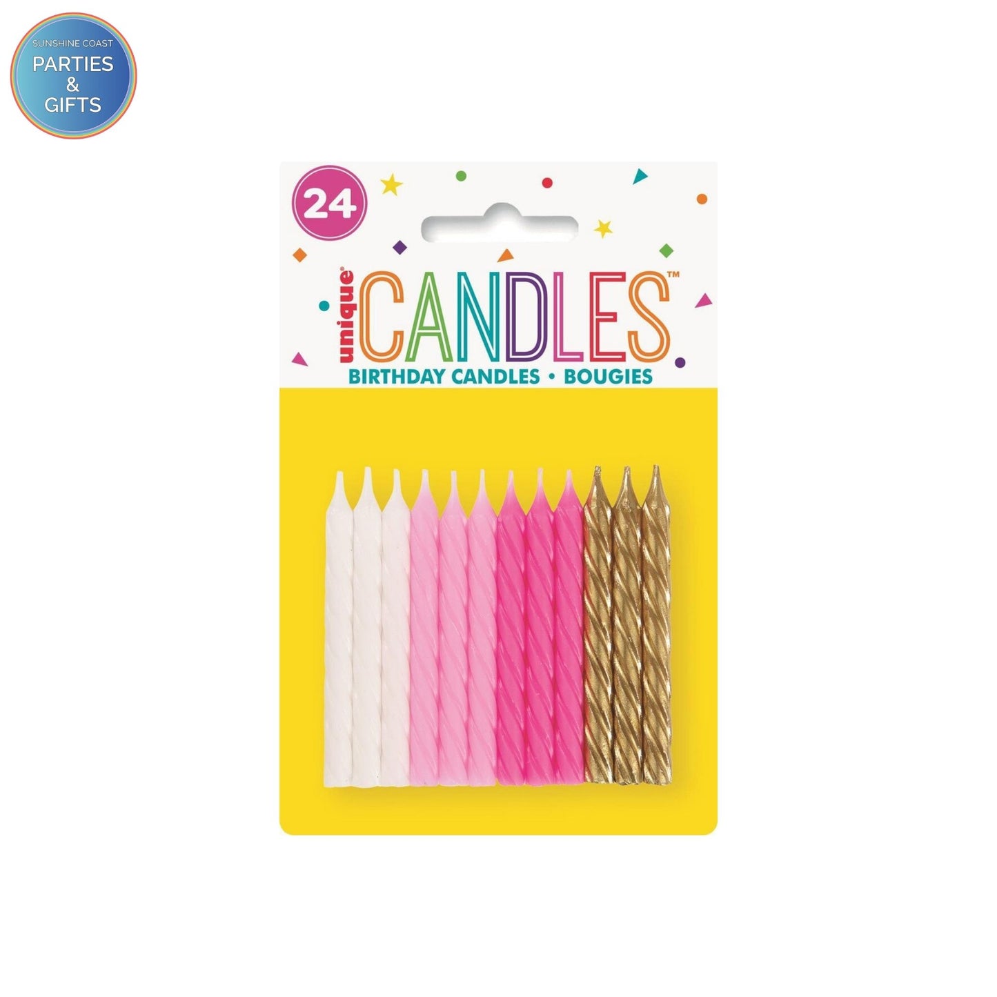UNIQUE PARTY BIRTHDAY SPIRAL CANDLES - WHITE, LIGHT PINK, PINK & GOLD - PACK OF 24