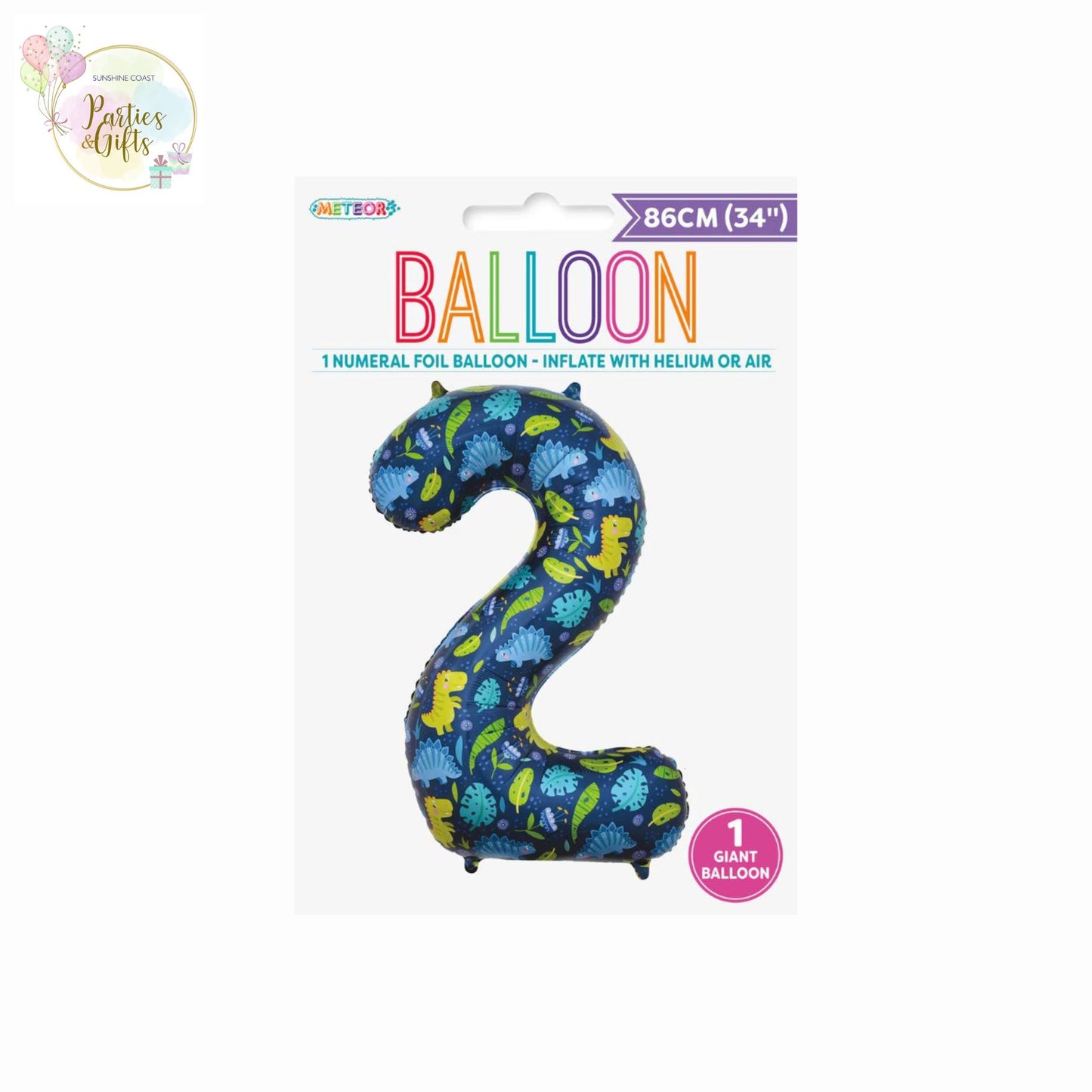 GIANT FOIL BALLOON - DINOSAUR NUMBER 2 - 86CM