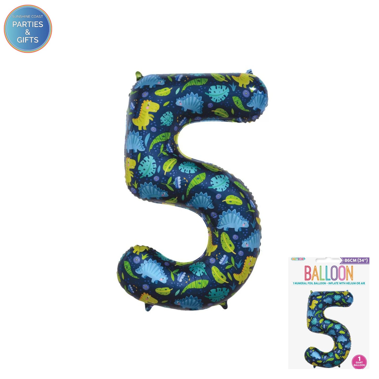 GIANT FOIL BALLOON - DINOSAUR NUMBER 5 - 86CM