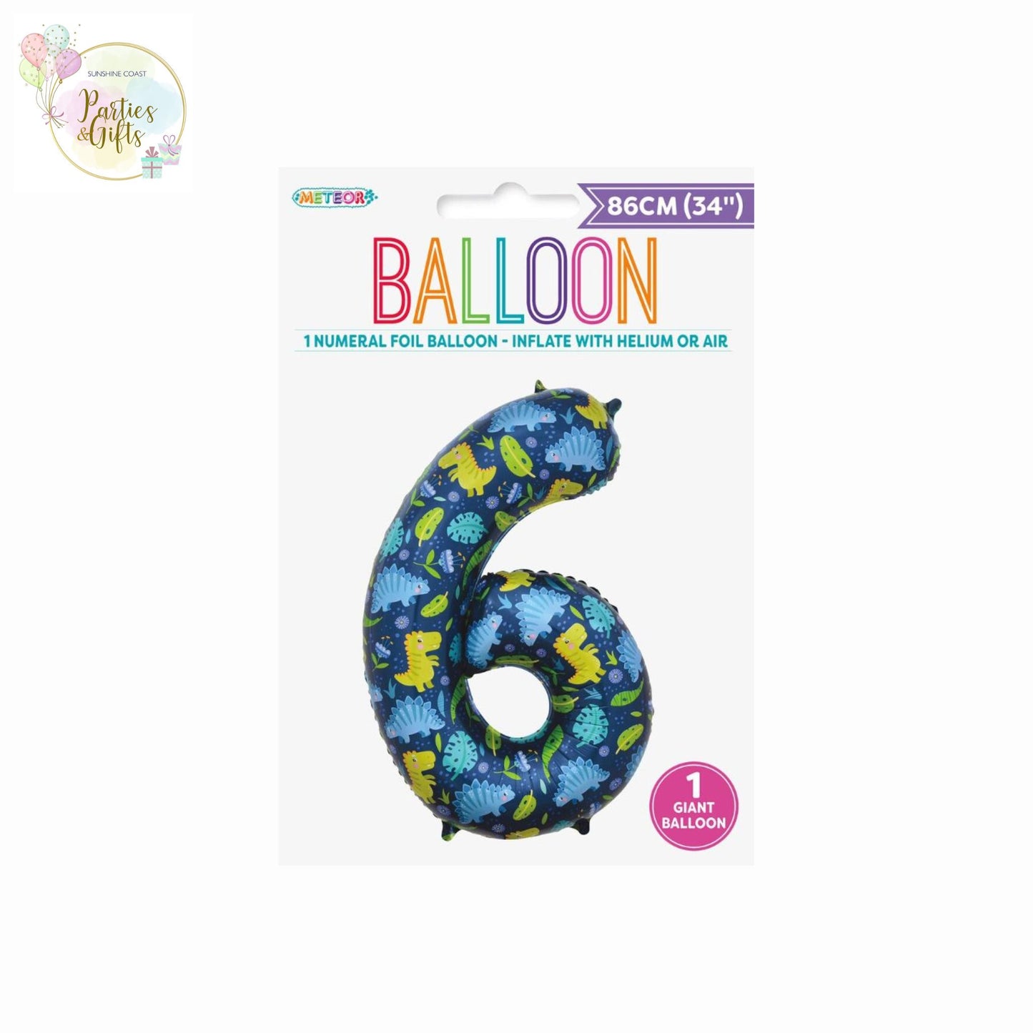 GIANT FOIL BALLOON - DINOSAUR NUMBER 6 - 86CM