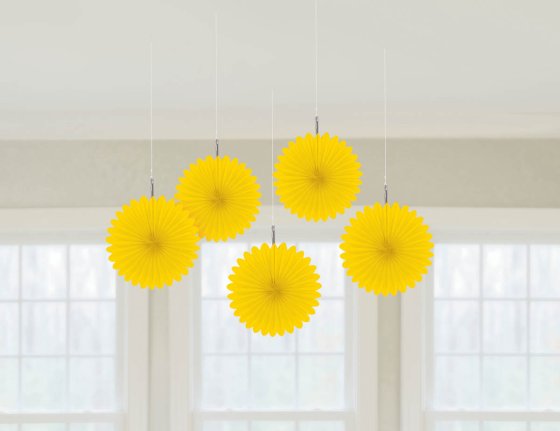 YELLOW SUNSHINE MINI HANGING FAN DECORATIONS - 5 PIECES