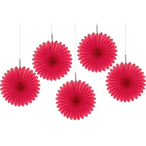 APPLE RED MINI HANGING FAN DECORATIONS - 5 PIECES