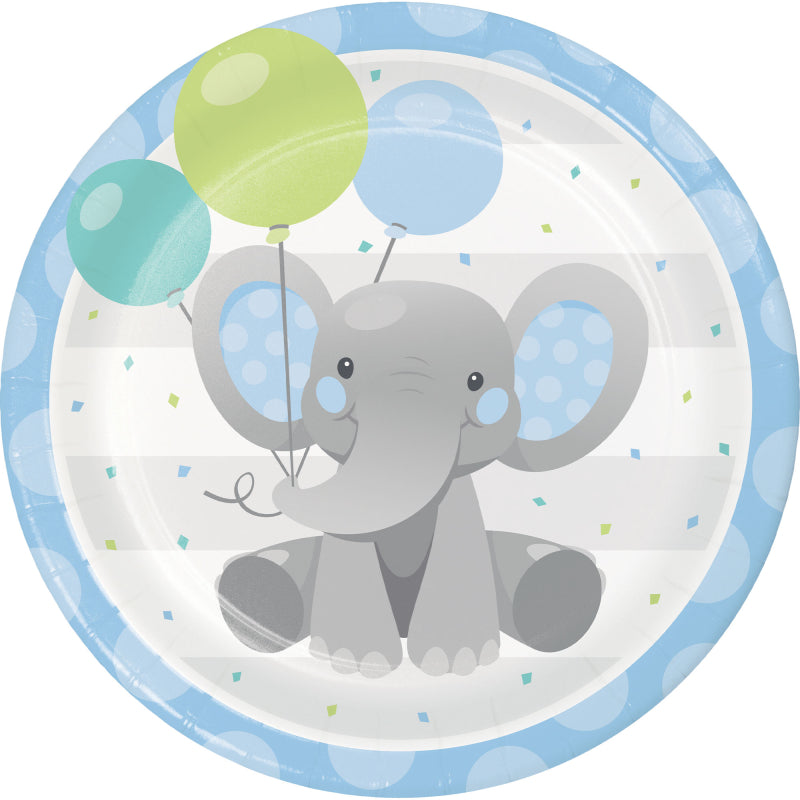 BABY SHOWER BOY ENCHANTED ELEPHANT ROUND PAPER PLATES 22.2CM - PACK OF 8