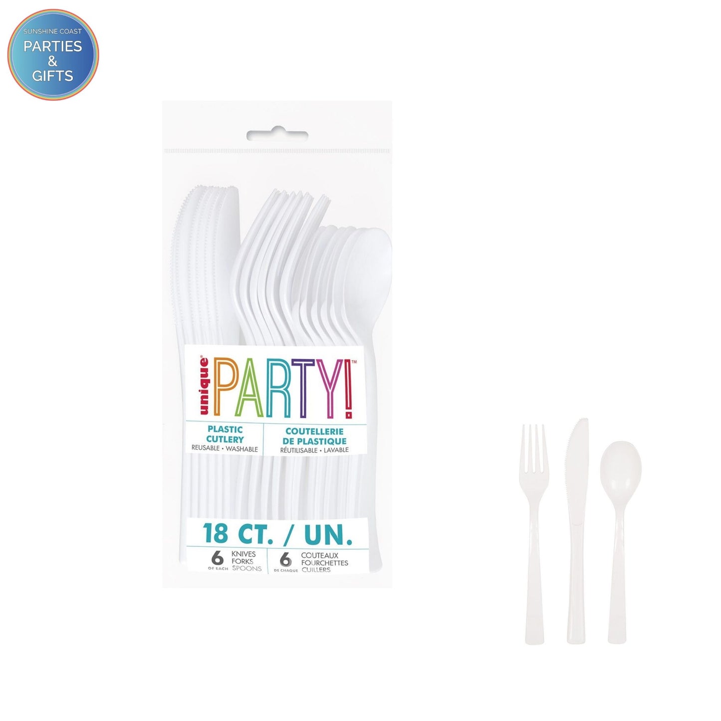 WHITE REUSABLE PLASTIC CUTLERY - 18 PACK