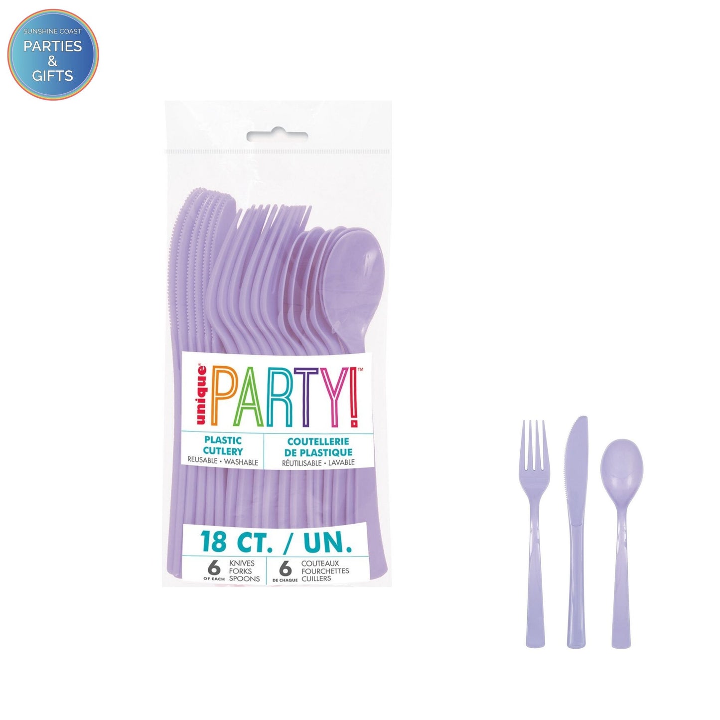 LAVENDER REUSABLE PLASTIC CUTLERY - 18 PACK