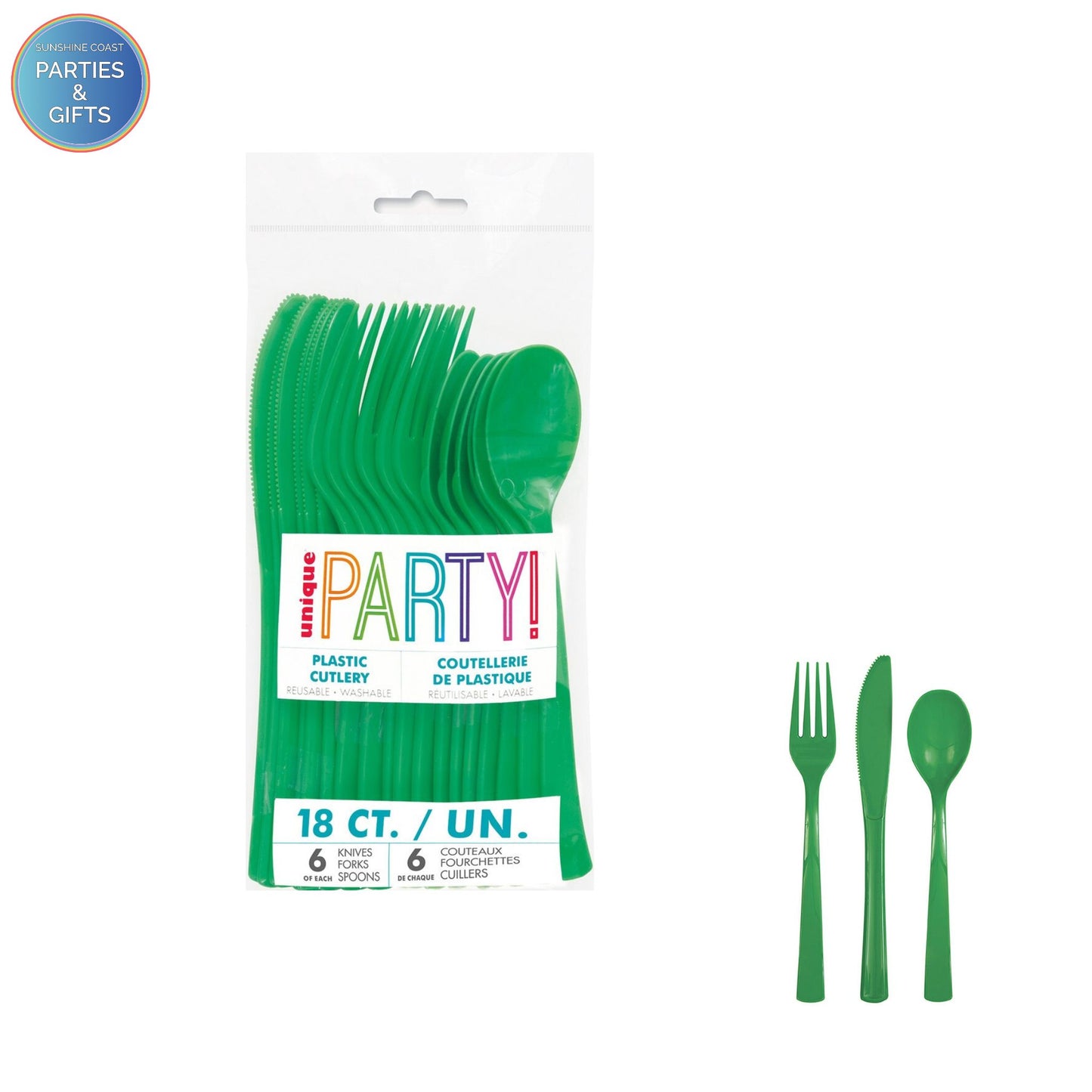 EMERALD GREEN REUSABLE PLASTIC CUTLERY - 18 PACK