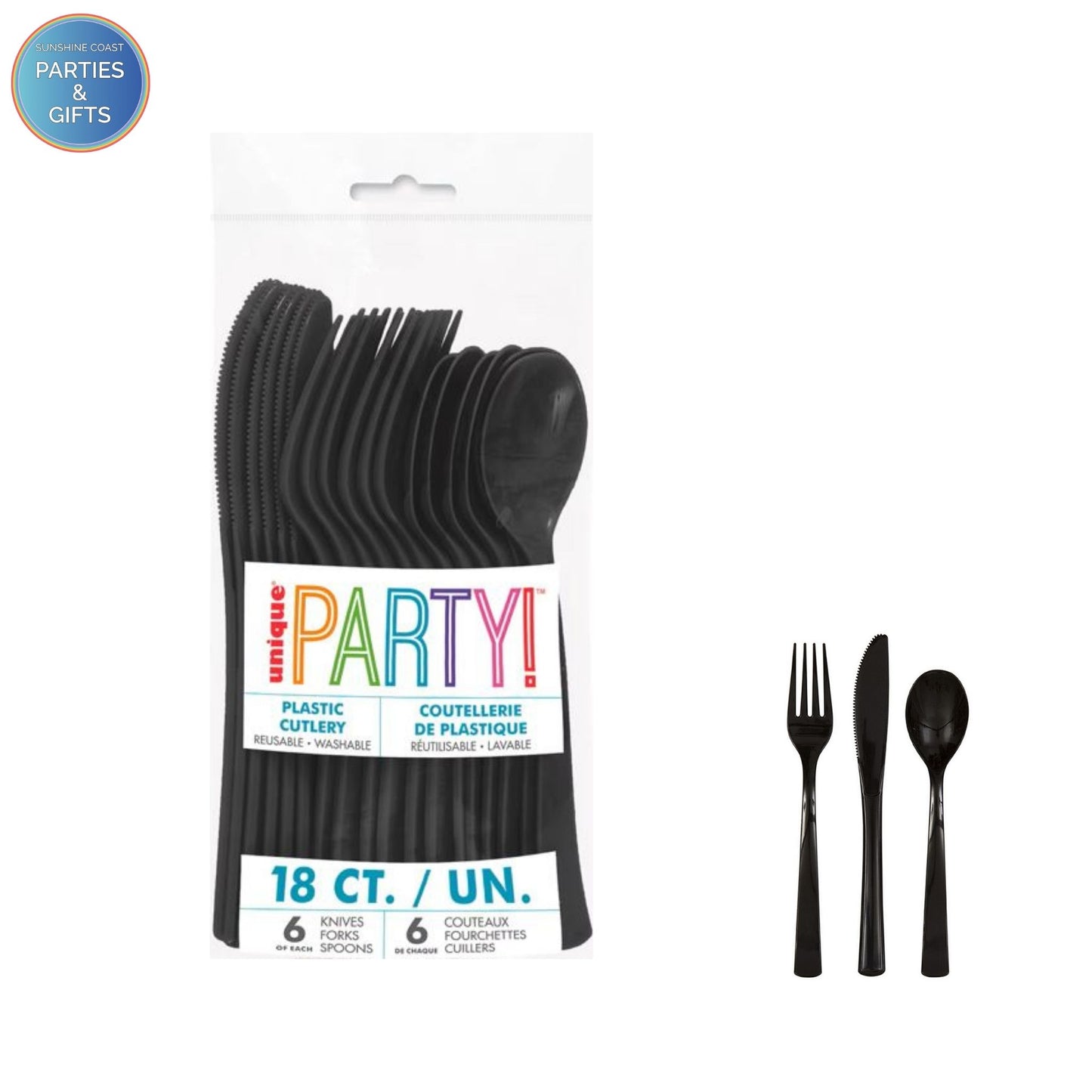 BLACK REUSABLE PLASTIC CUTLERY - 18 PACK