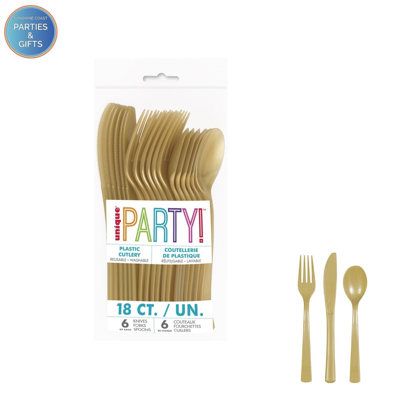 GOLD REUSABLE PLASTIC CUTLERY - 18 PACK