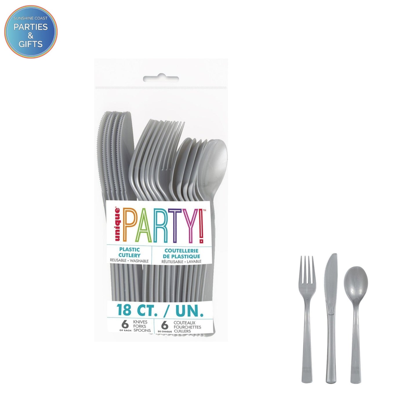 SILVER REUSABLE PLASTIC CUTLERY - 18 PACK
