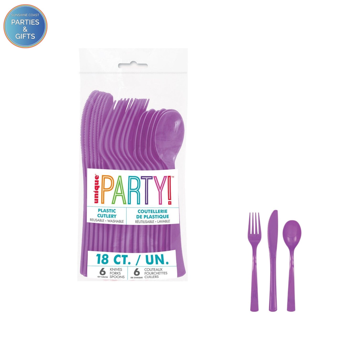 PRETTY PURPLE REUSABLE PLASTIC CUTLERY - 18 PACK