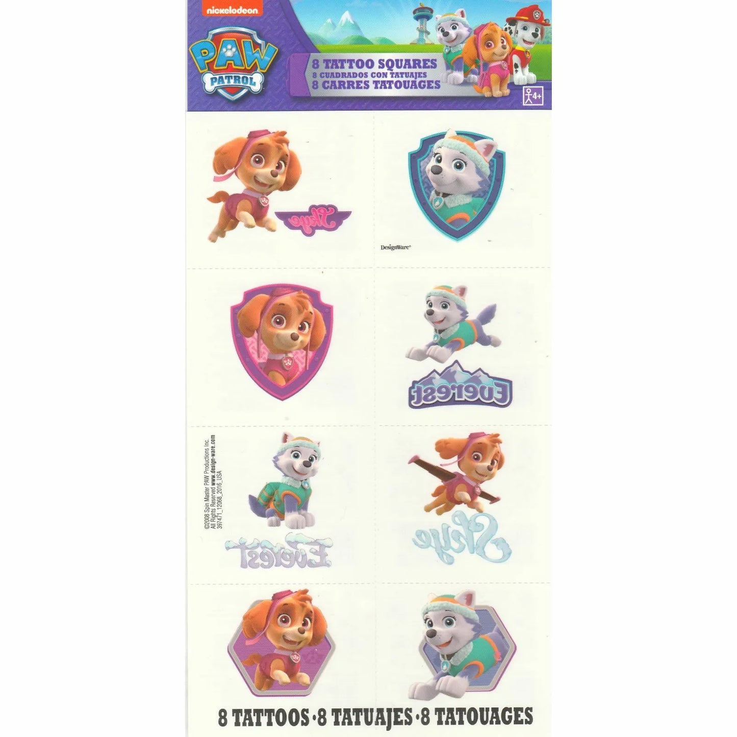 PAW PATROL GIRLS TEMPORARY TATTOOS - PACK OF 8