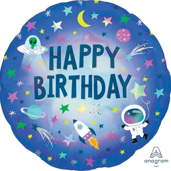 OUTER SPACE HAPPY BIRTHDAY HOLOGRAPHIC FOIL BALLOON - 45CM