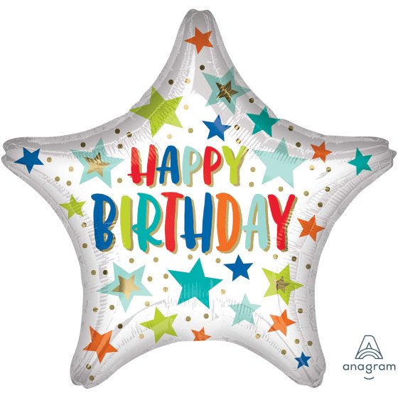 WHITE HAPPY BIRTHDAY STARS & DOTS STAR FOIL BALLOON - 48CM