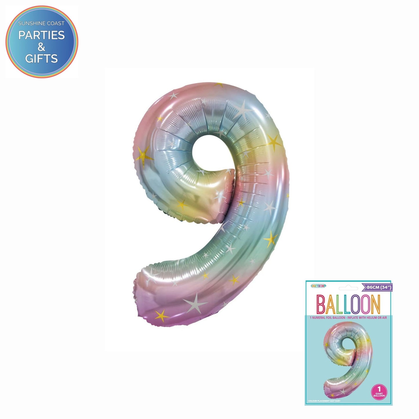 GIANT FOIL BALLOON - PASTEL RAINBOW NUMBER 9 - 86CM