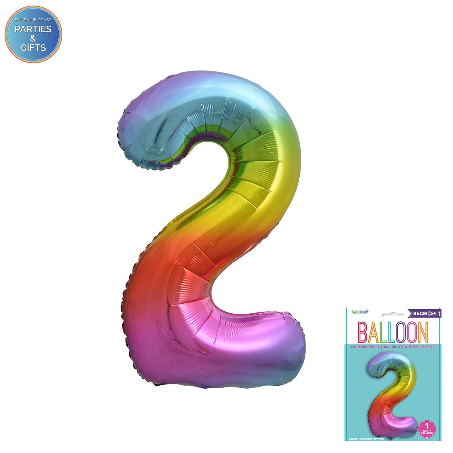 GIANT FOIL BALLOON - RAINBOW NUMBER 2 - 86CM