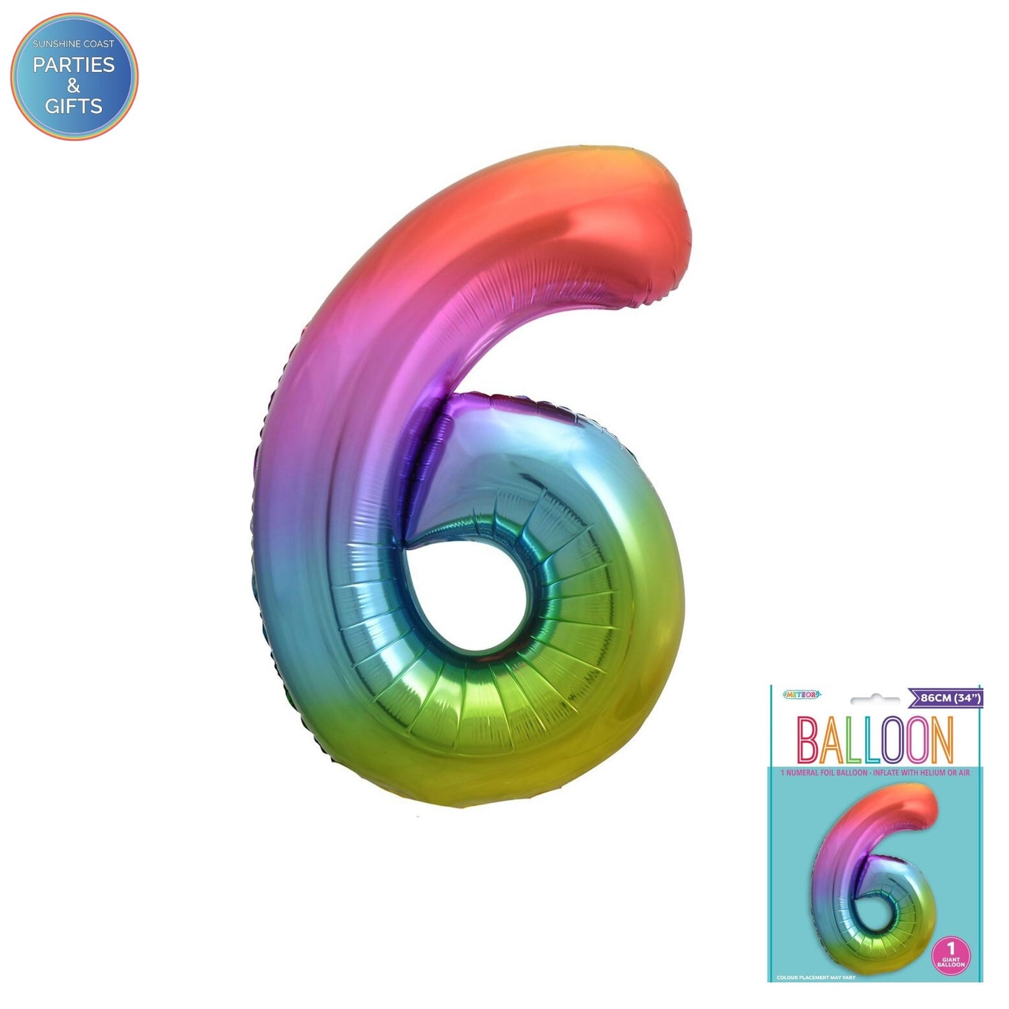GIANT FOIL BALLOON - RAINBOW NUMBER 6 - 86CM