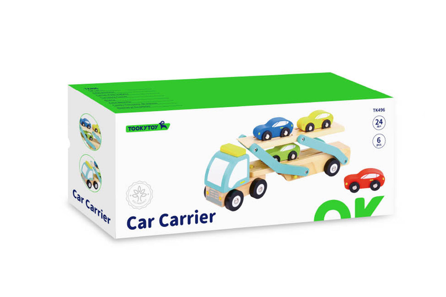 TOOKY TOY WOODEN CAR CARRIER AND CARS - 6 PIECES