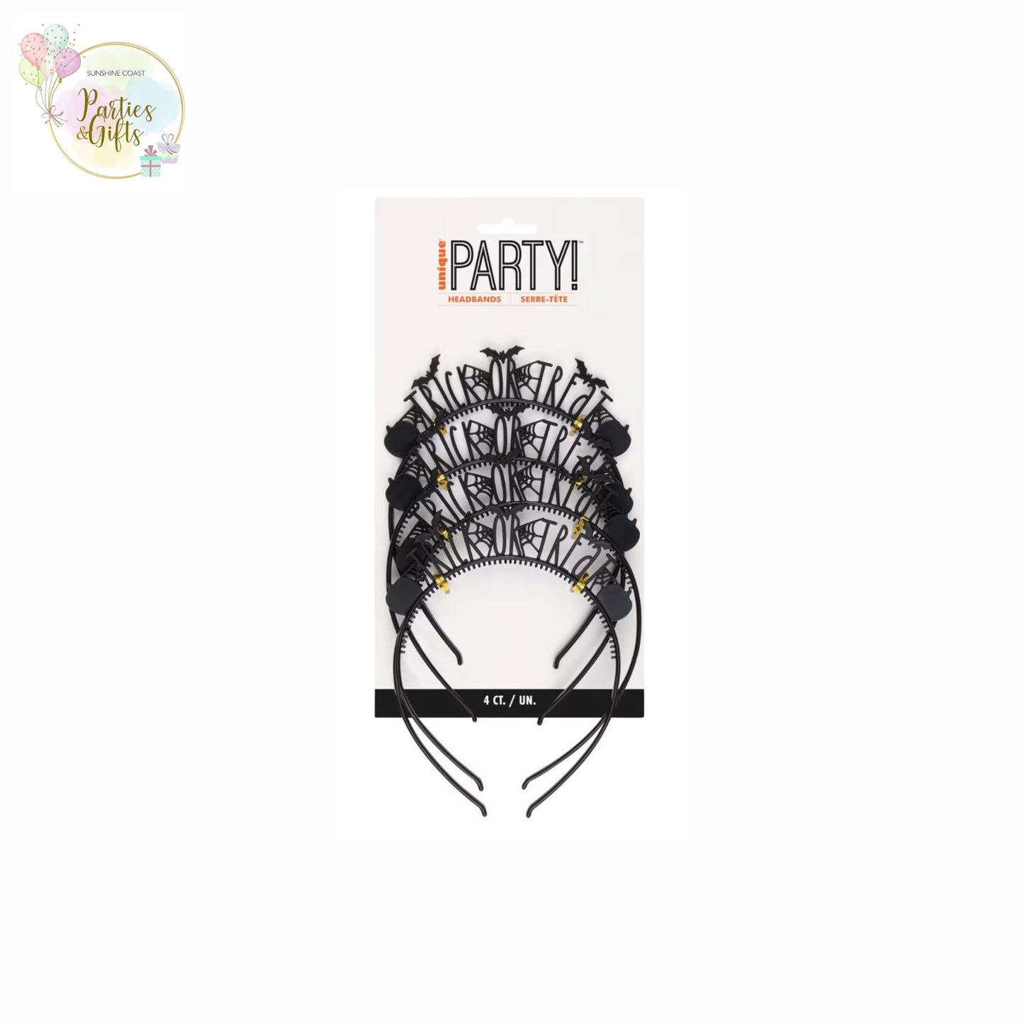 COSTUME ACCESSORY - HALLOWEEN TRICK OR TREAT BLACK ACRYLIC HEADBAND - PACK OF 4