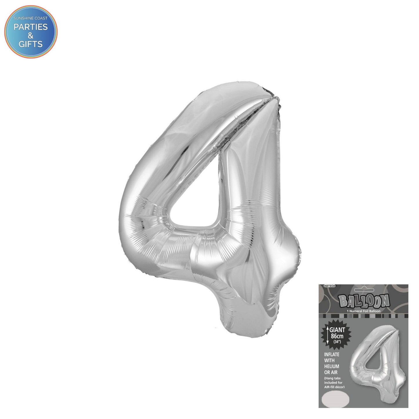 GIANT FOIL BALLOON - SILVER NUMBER 4 - 86CM
