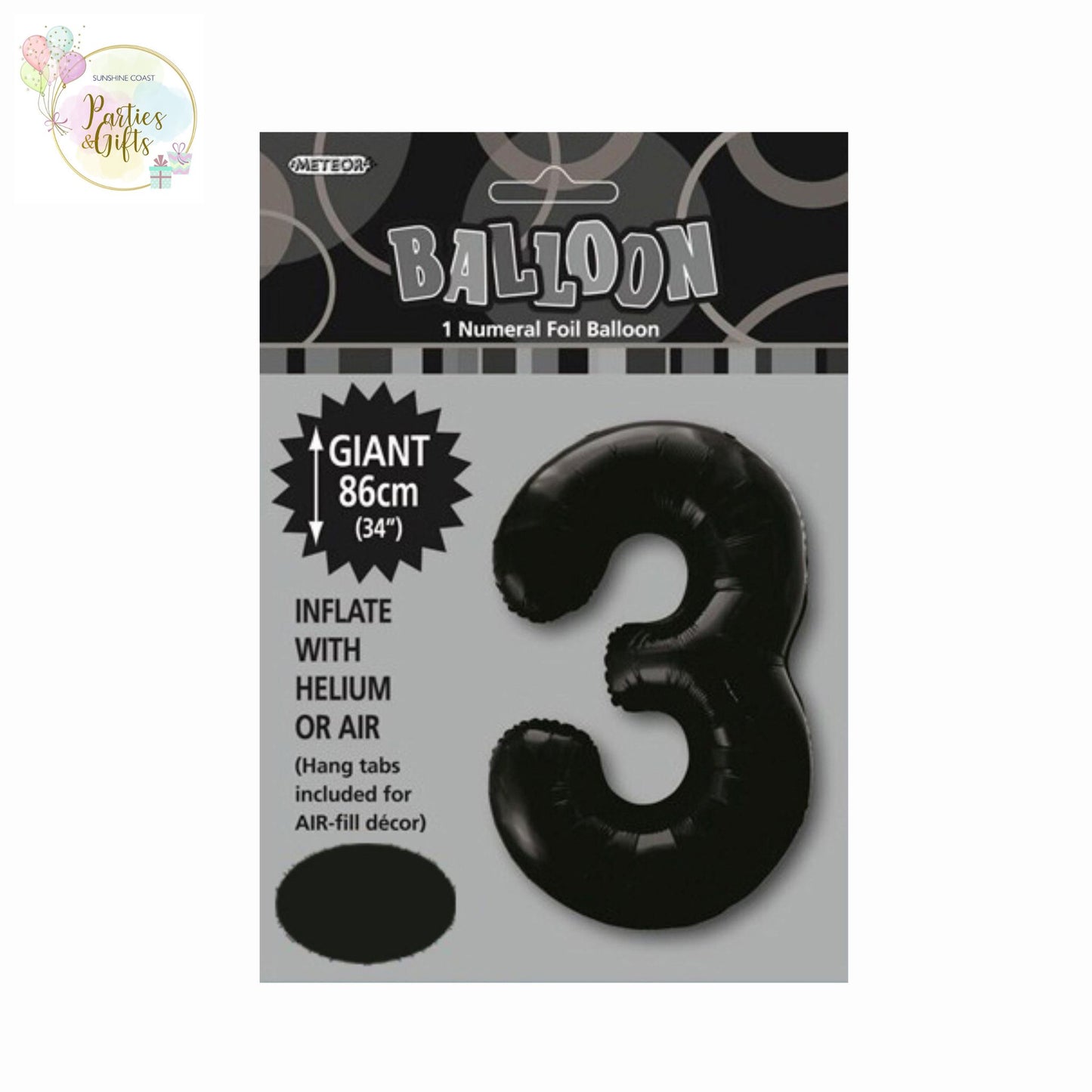 GIANT FOIL BALLOON - BLACK NUMBER 3 - 86CM