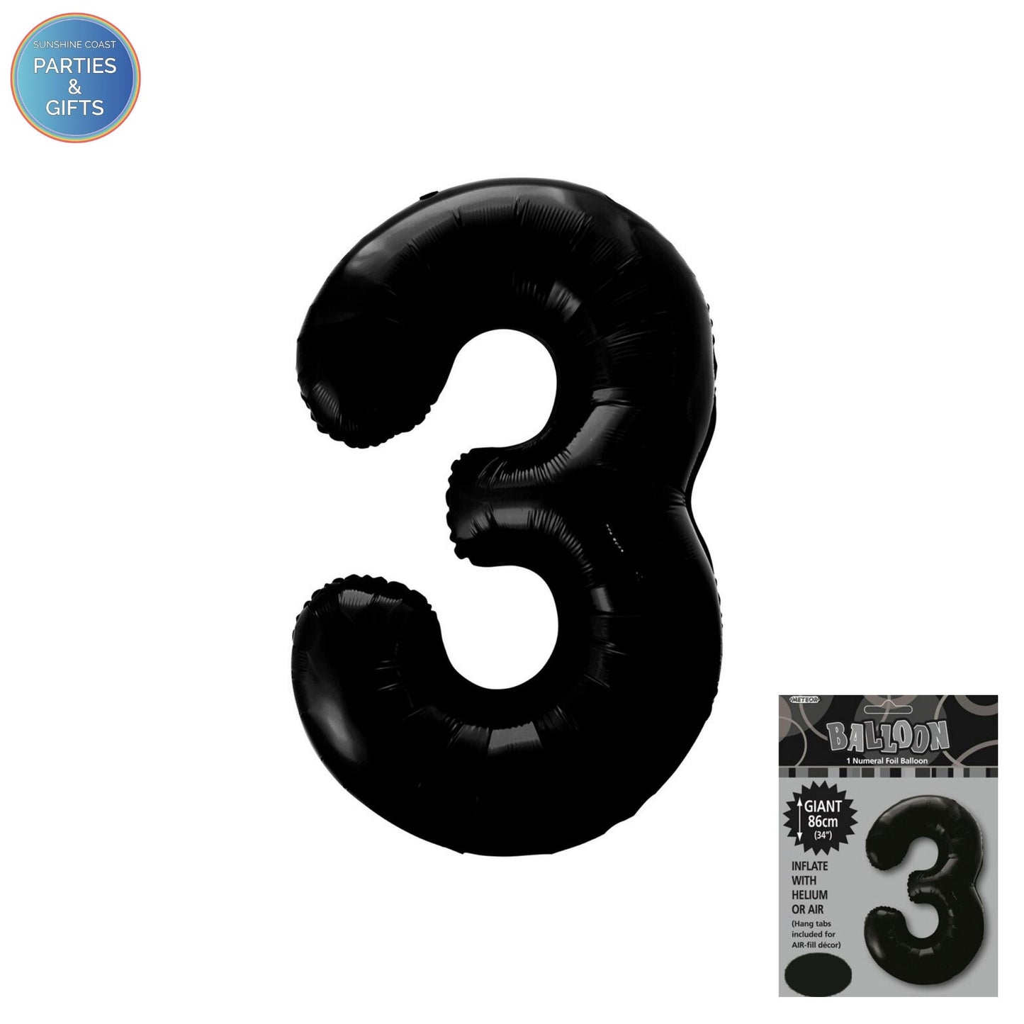 GIANT FOIL BALLOON - BLACK NUMBER 3 - 86CM