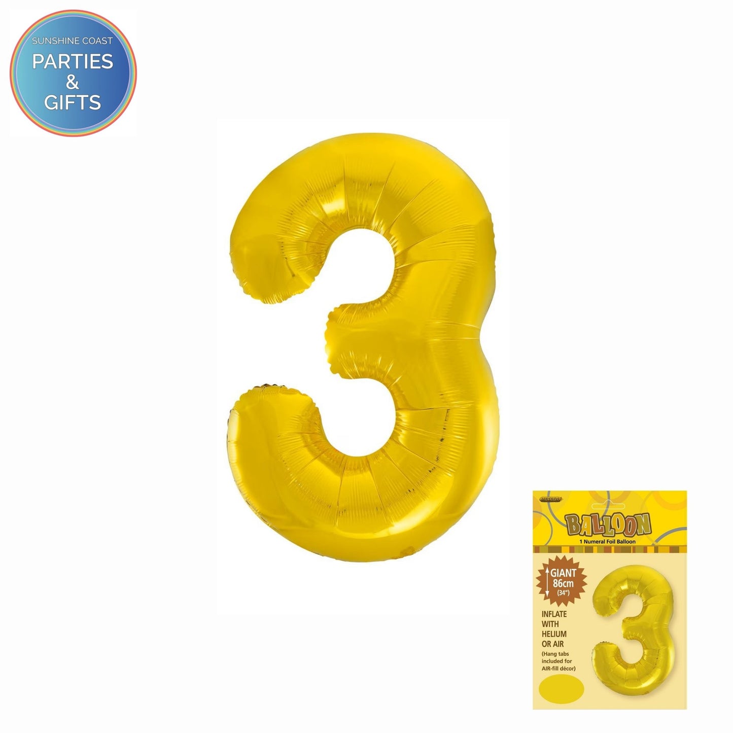 GIANT FOIL BALLOON - GOLD NUMBER 3 - 86CM