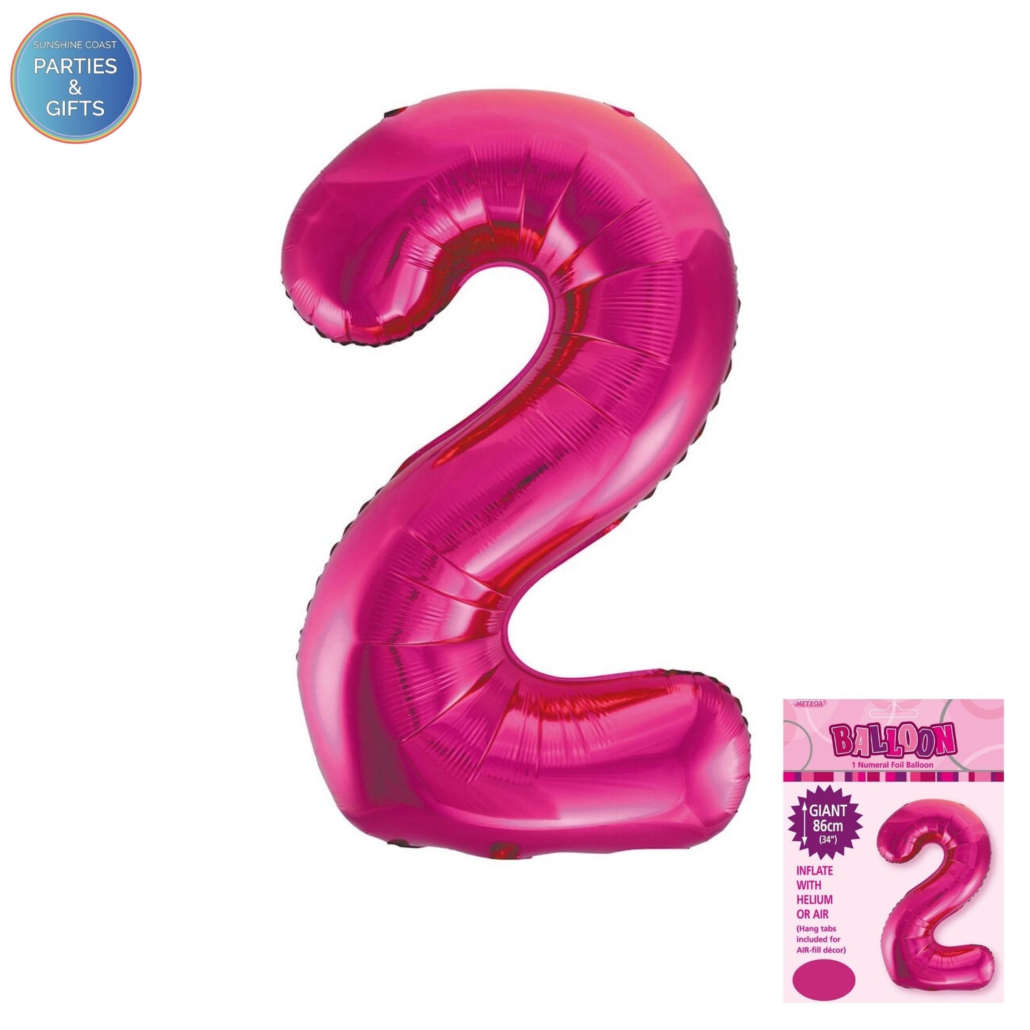 GIANT FOIL BALLOON - HOT PINK NUMBER 2 - 86CM