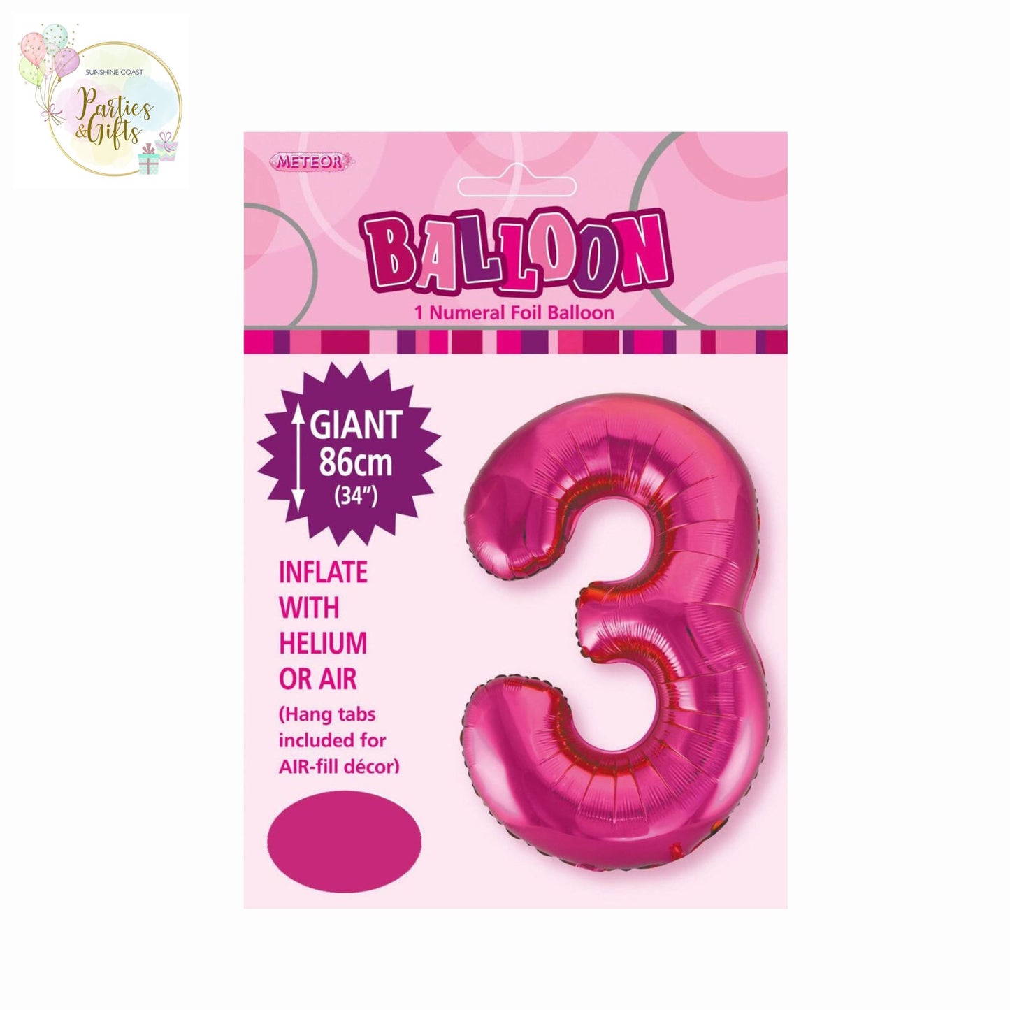 GIANT FOIL BALLOON - HOT PINK NUMBER 3 - 86CM