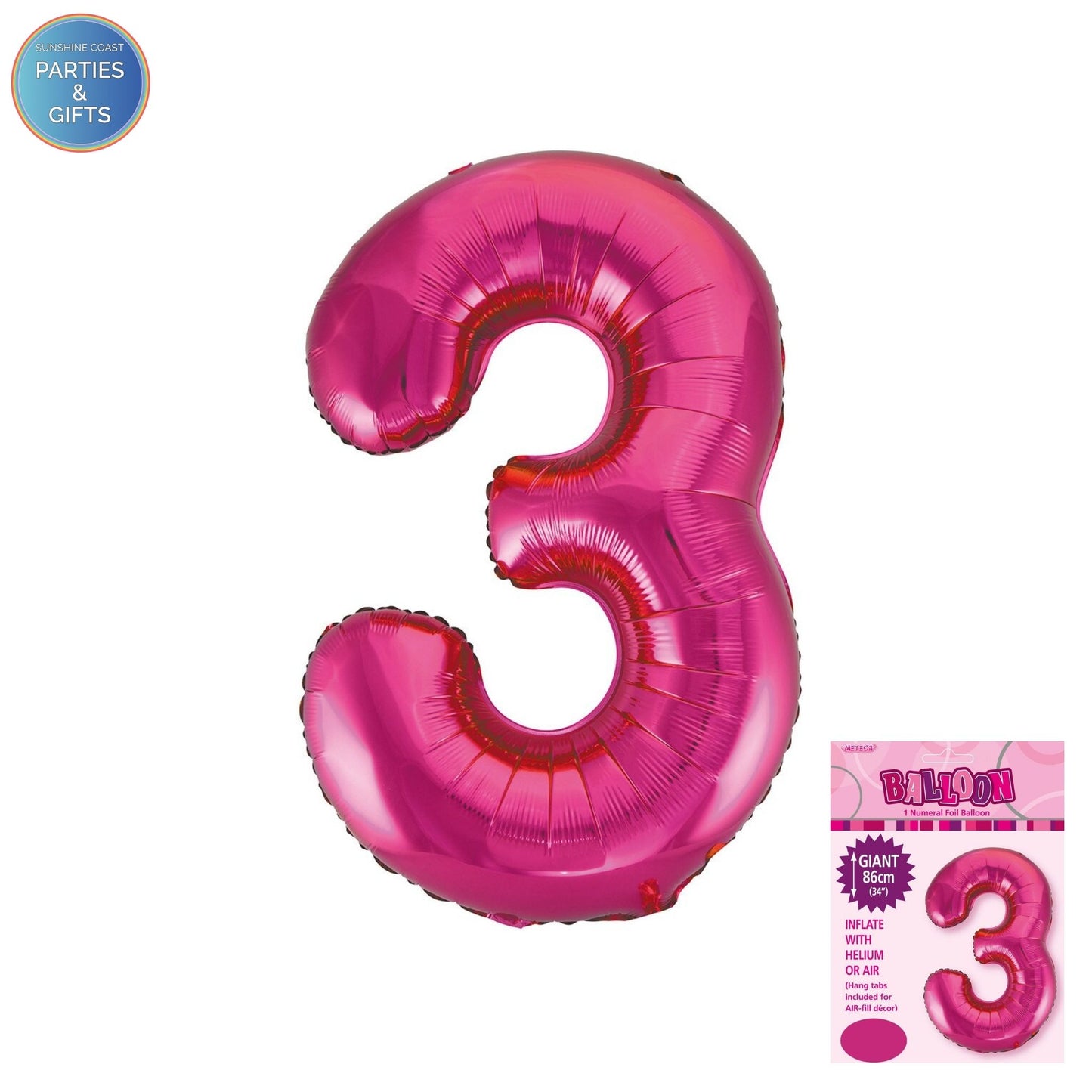 GIANT FOIL BALLOON - HOT PINK NUMBER 3 - 86CM