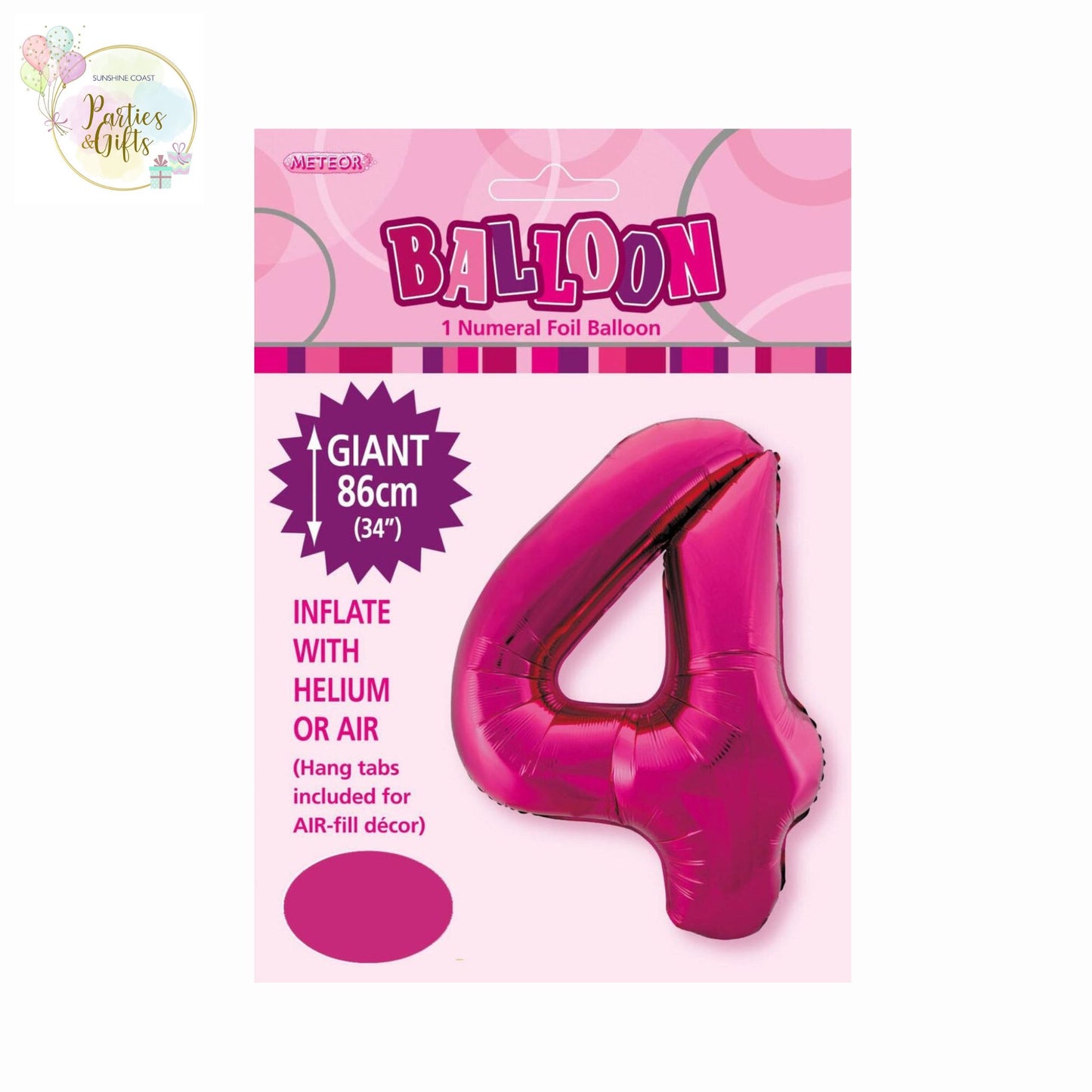 GIANT FOIL BALLOON - HOT PINK NUMBER 4 - 86CM
