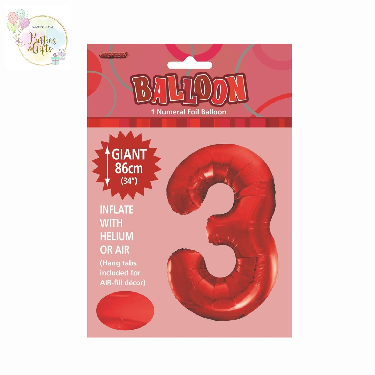 GIANT FOIL BALLOON - RED NUMBER 3 - 86CM