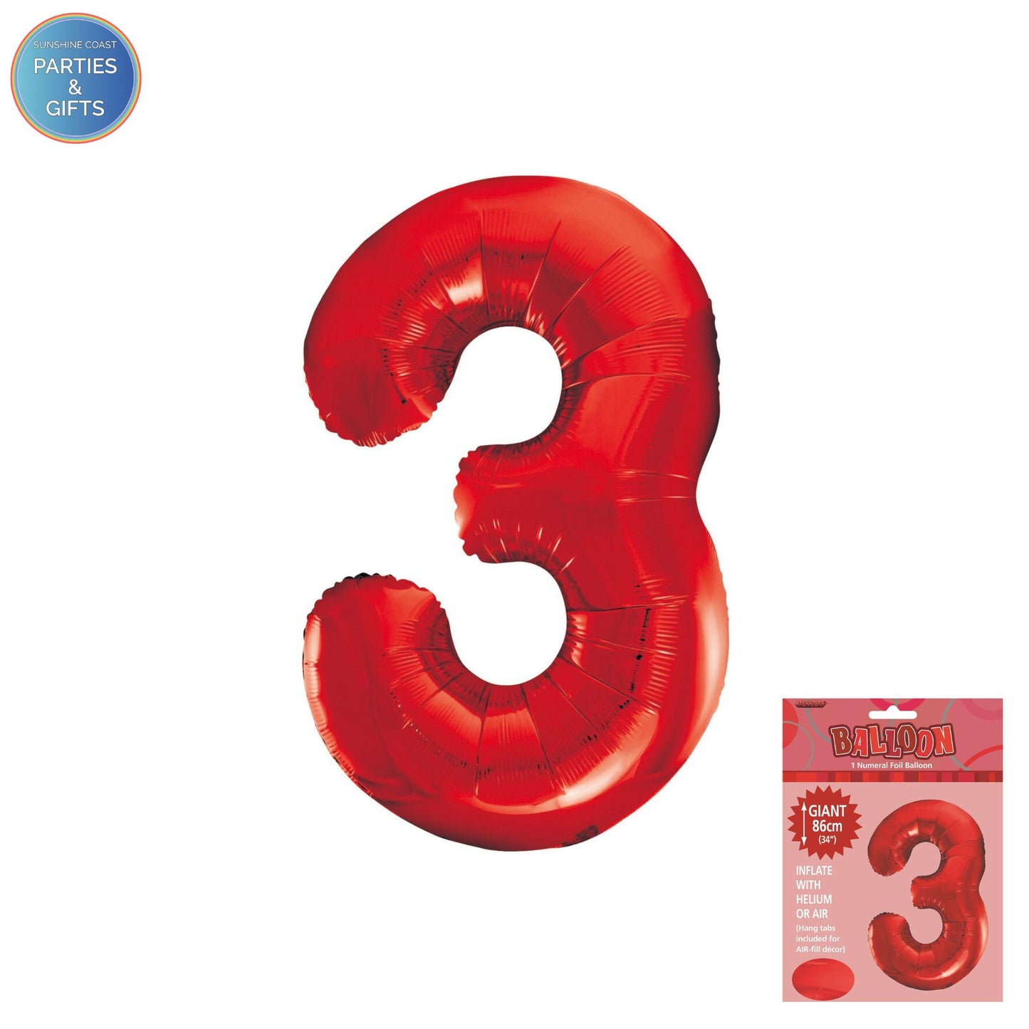 GIANT FOIL BALLOON - RED NUMBER 3 - 86CM