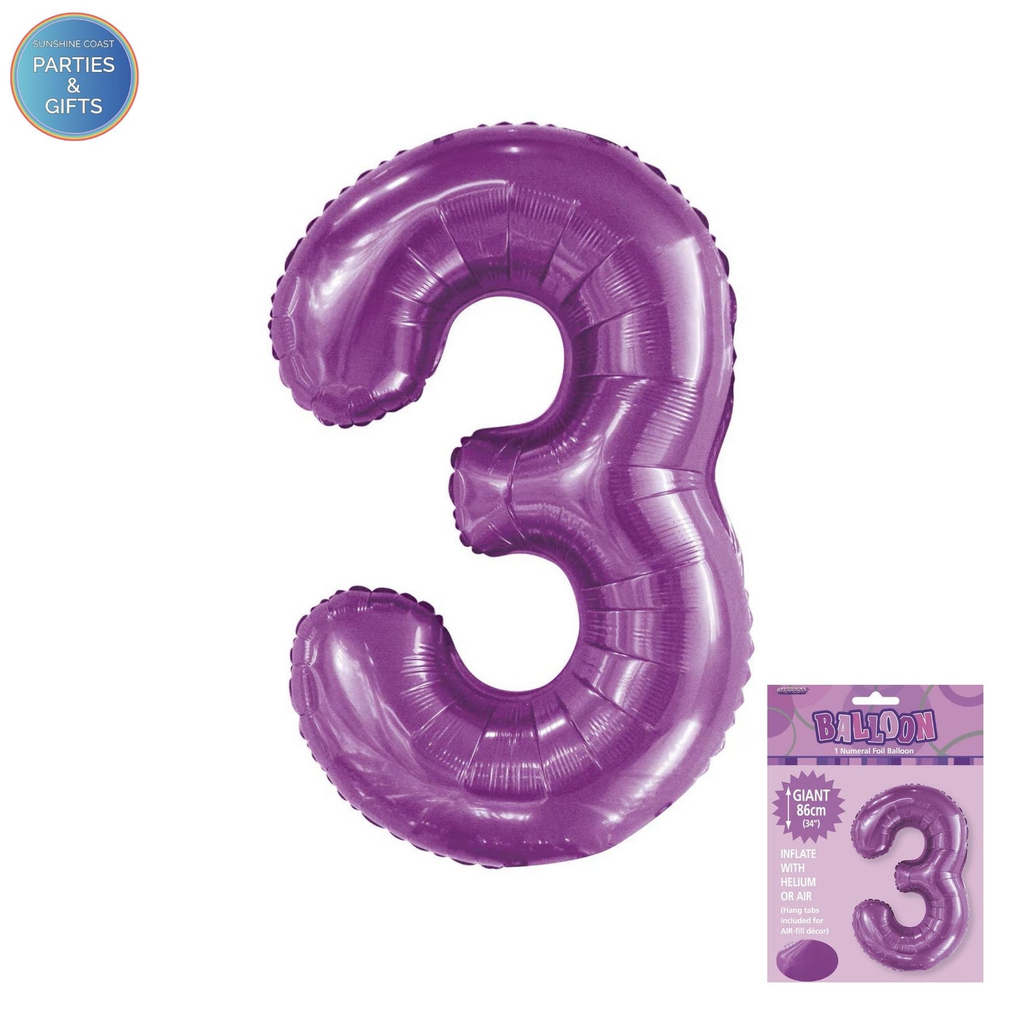 GIANT FOIL BALLOON - PURPLE NUMBER 3 - 86CM