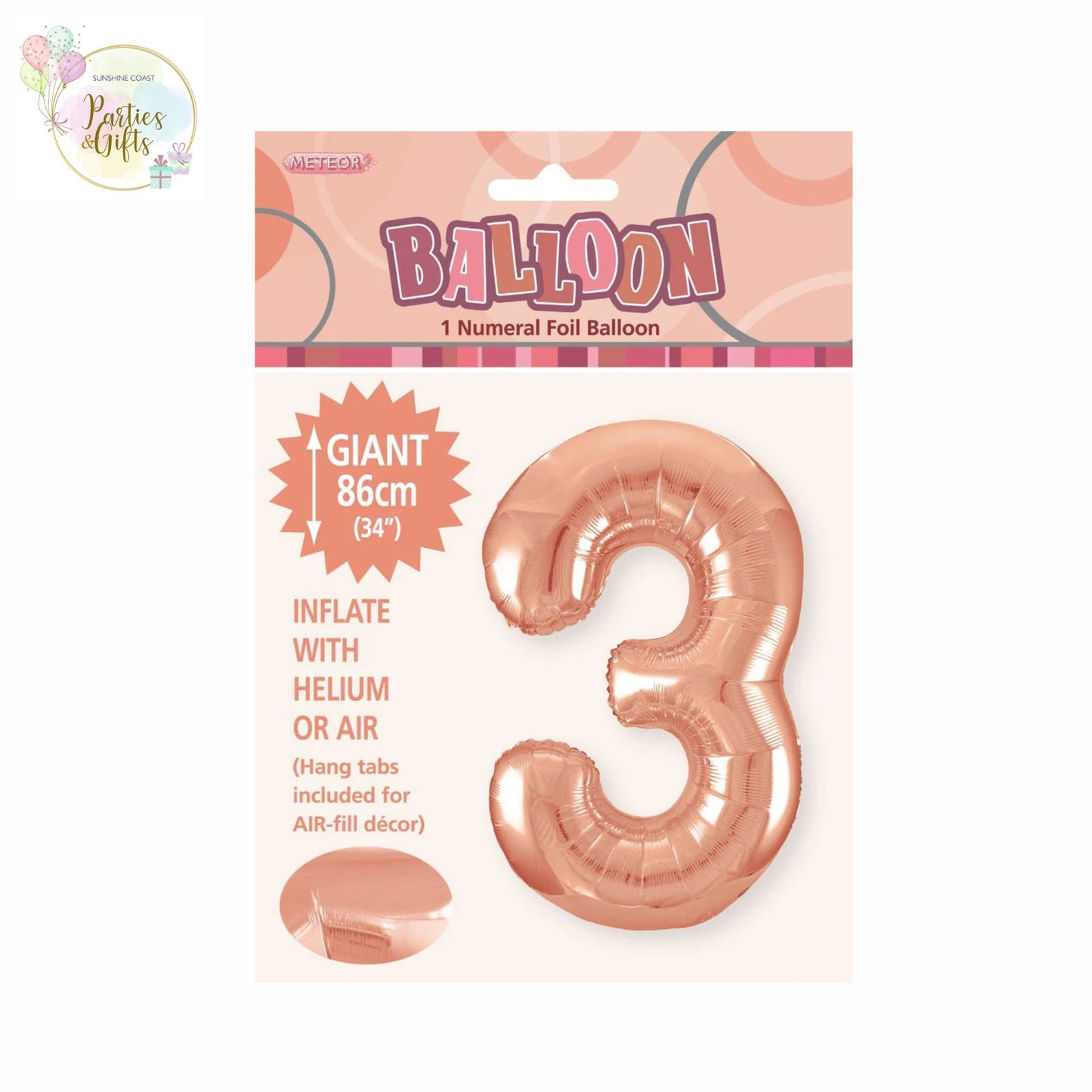GIANT FOIL BALLOON - ROSE GOLD NUMBER 3 - 86CM