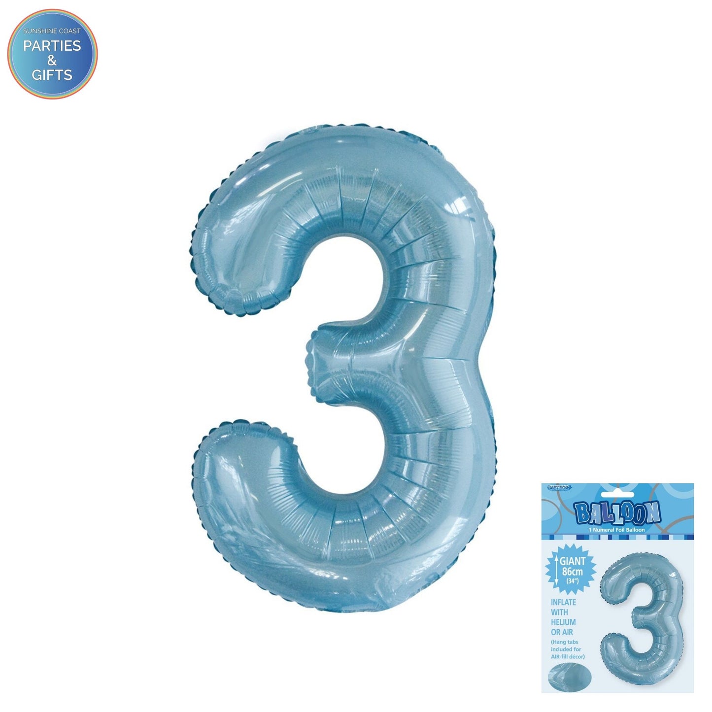 GIANT FOIL BALLOON - POWDER BLUE NUMBER 3 - 86CM