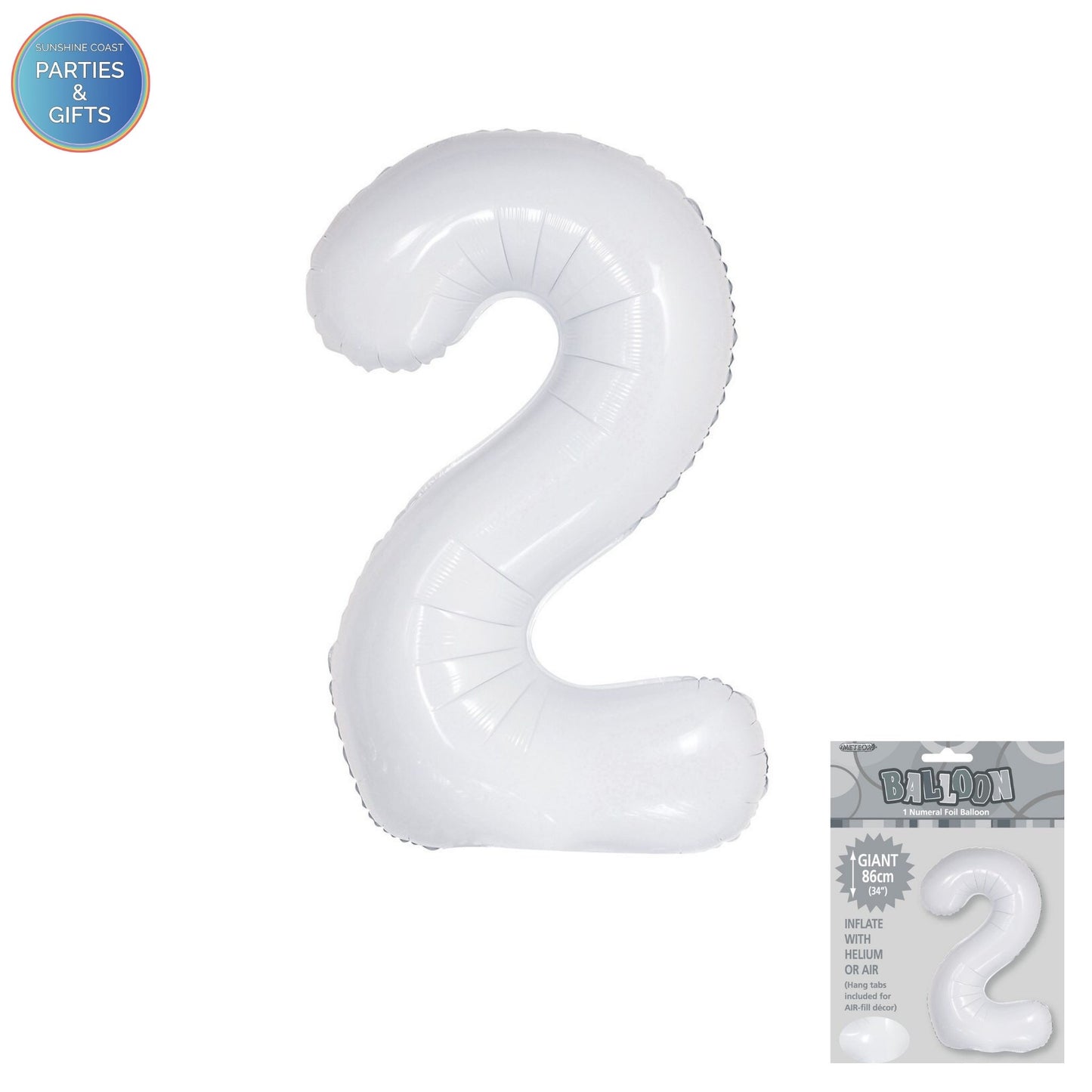 GIANT FOIL BALLOON - WHITE NUMBER 2 - 86CM