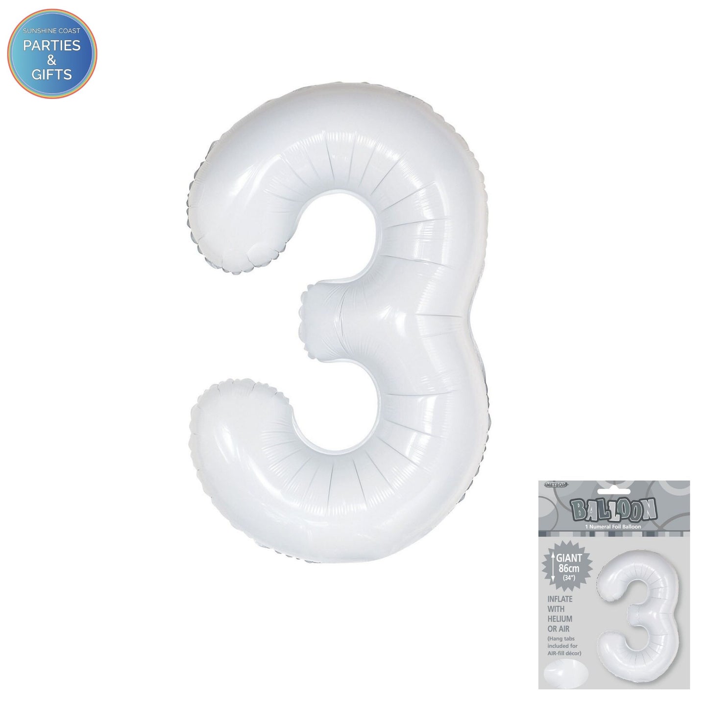 GIANT FOIL BALLOON - WHITE NUMBER 3 - 86CM