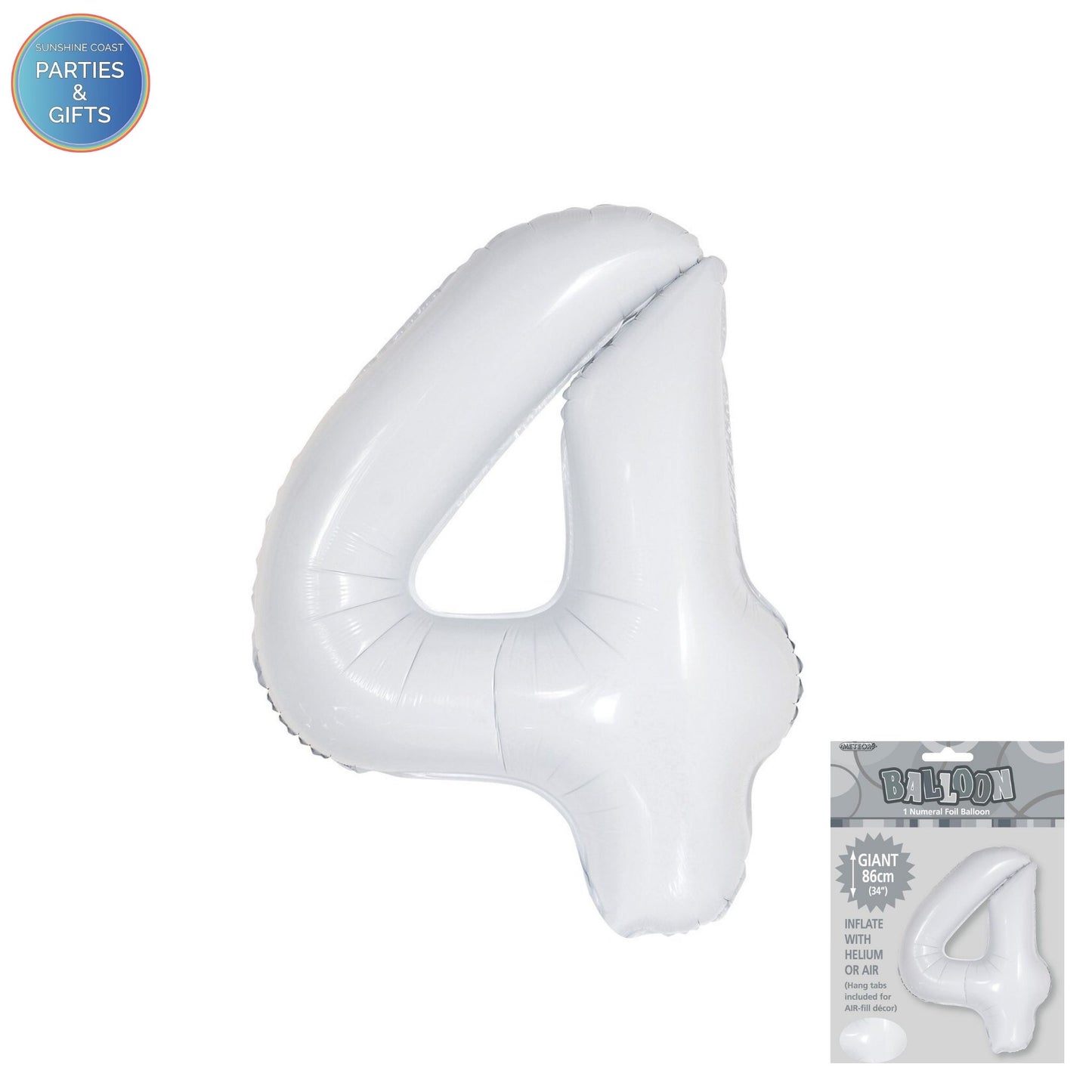 GIANT FOIL BALLOON - WHITE NUMBER 4 - 86CM