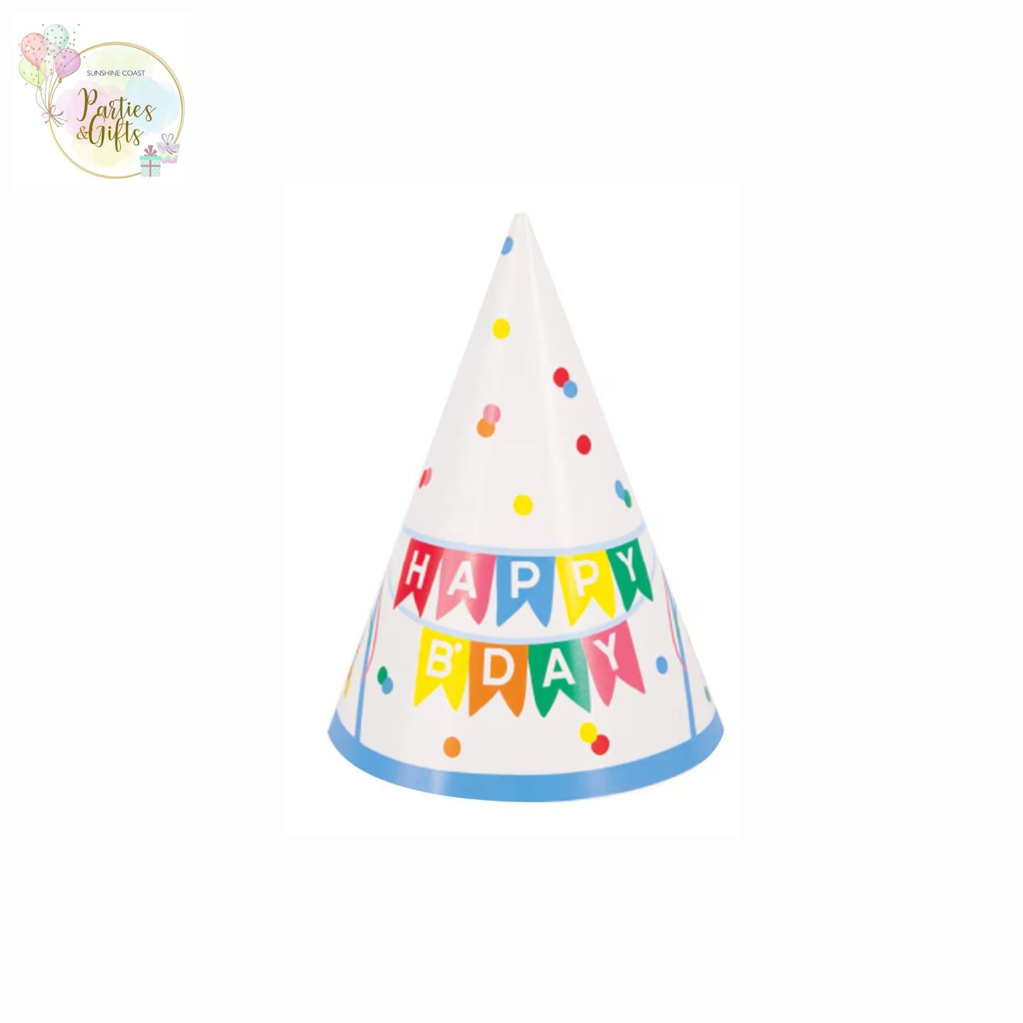 BOLD RAINBOW BIRTHDAY PARTY HATS - 8 PACK