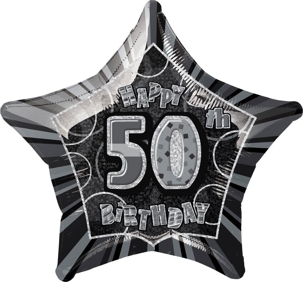 GLITZ BLACK AND SILVER 50TH BIRTHDAY STAR FOIL BALLOON - 50.8CM