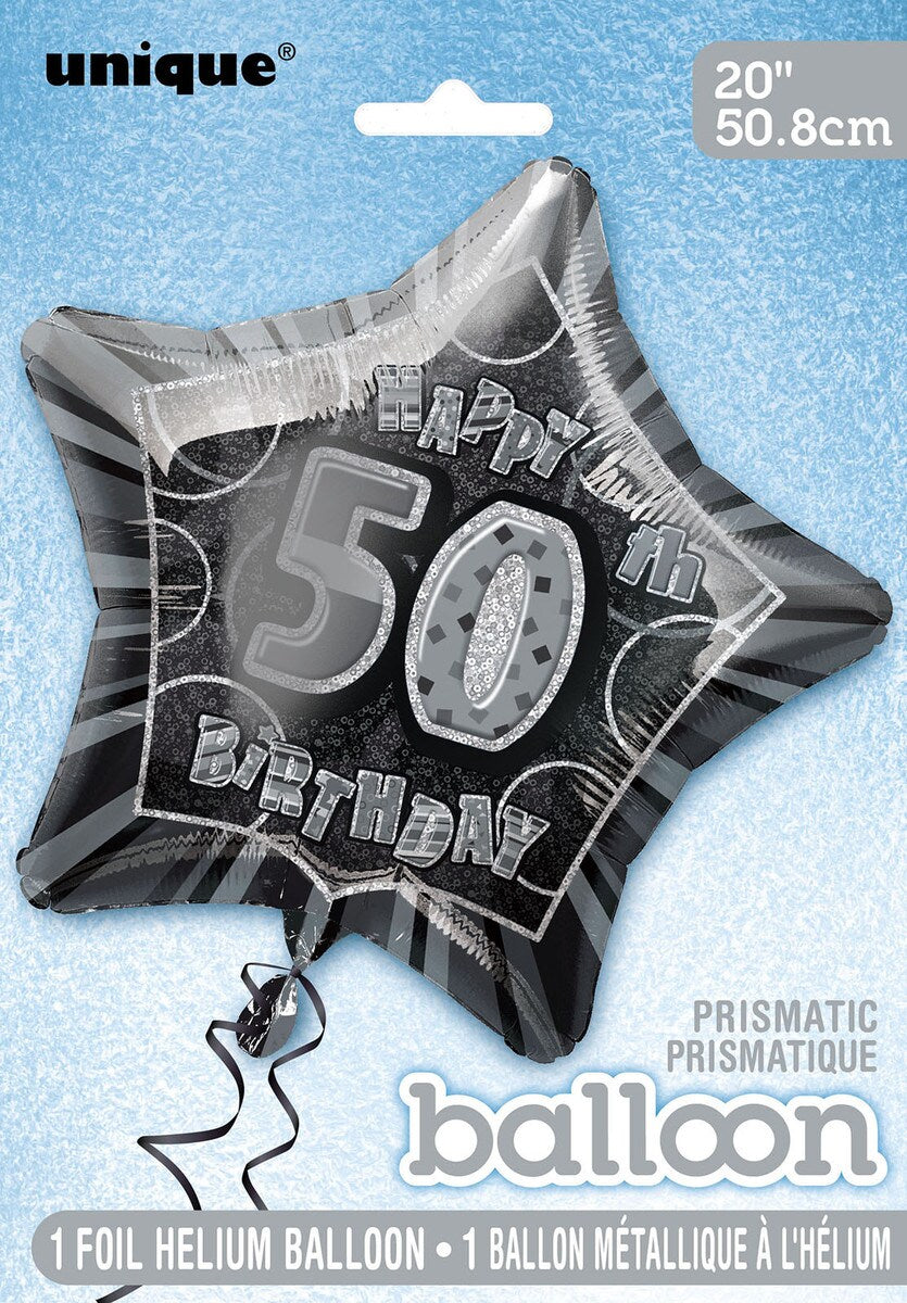 GLITZ BLACK AND SILVER 50TH BIRTHDAY STAR FOIL BALLOON - 50.8CM